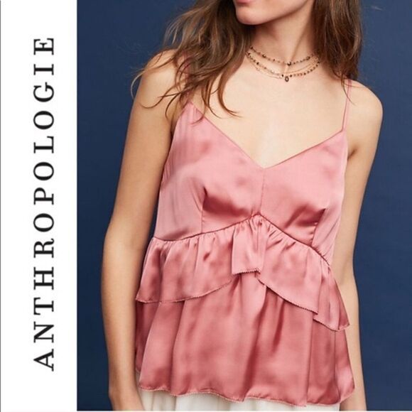Silky Pink Anthropologie Maeve Satin Ruffle Cami Top - Picture 1 of 7